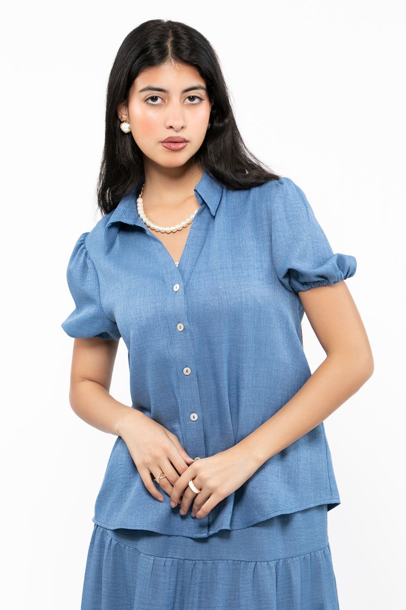 قميص جينز بناتي بلون موحد