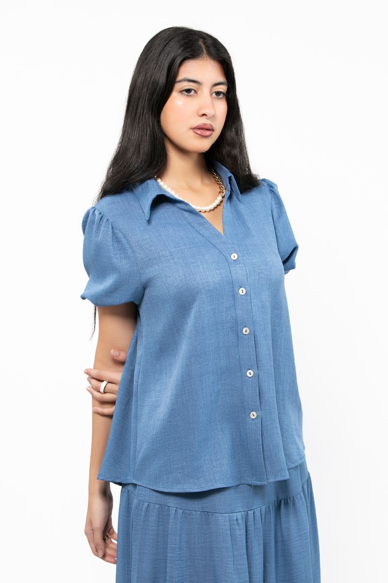 قميص جينز بناتي بلون موحد