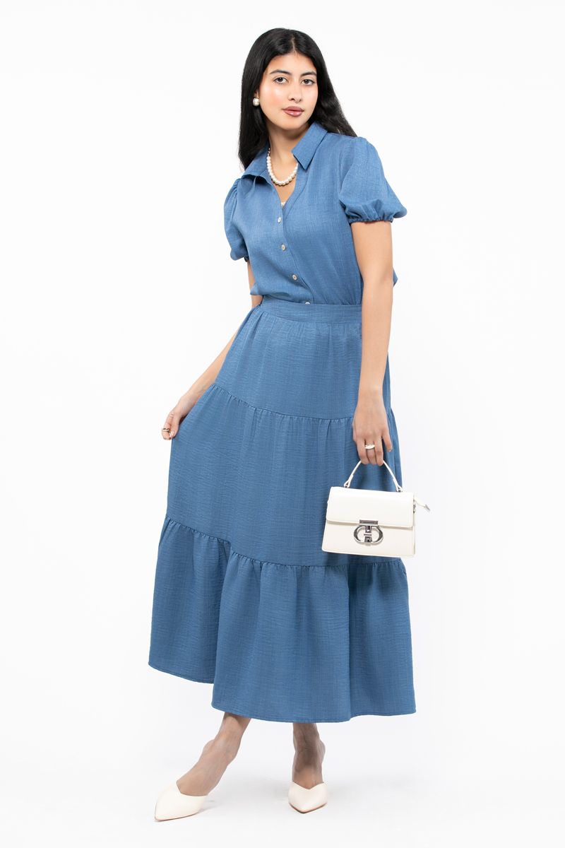 قميص جينز بناتي بلون موحد