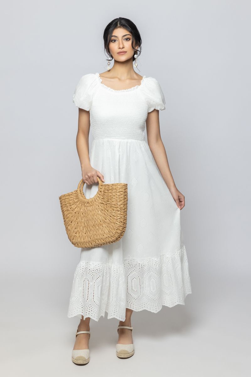 Women Short Sleeve Summer Dress with Perforated Slots and Embroidery Pattern