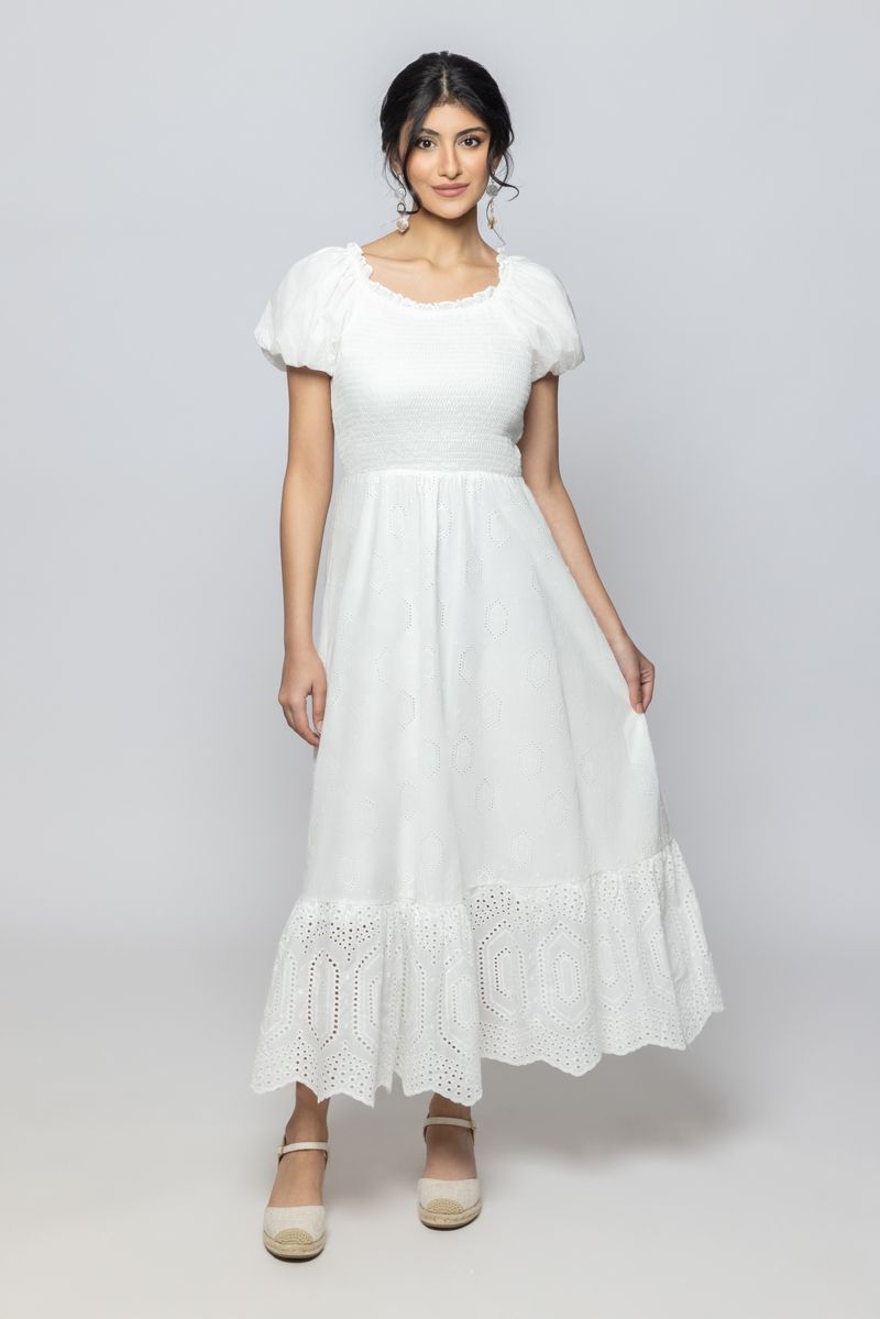 Women Short Sleeve Summer Dress with Perforated Slots and Embroidery Pattern