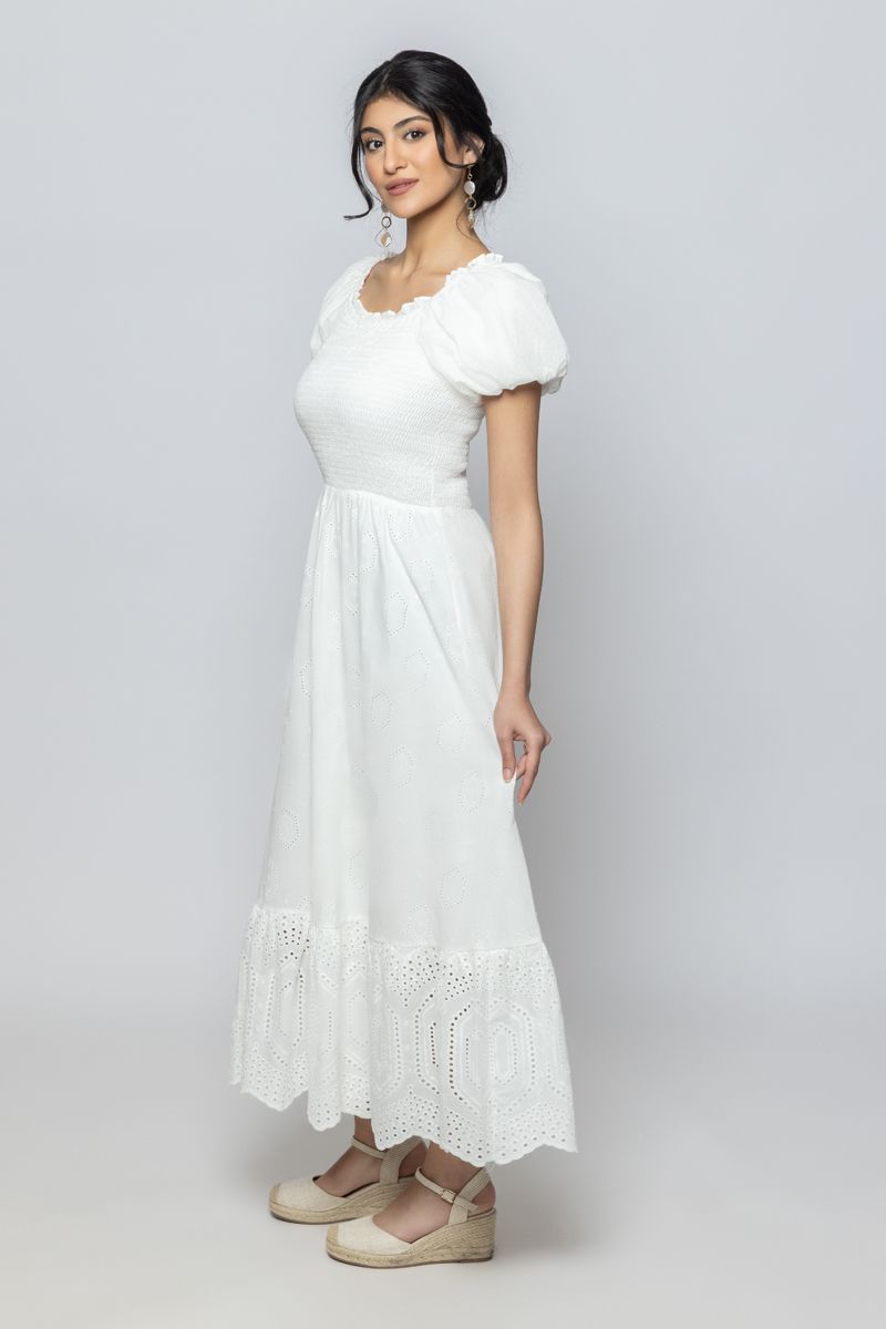 Women Short Sleeve Summer Dress with Perforated Slots and Embroidery Pattern