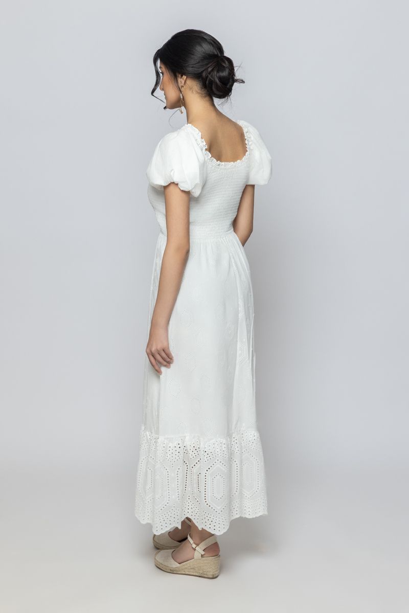 Women Short Sleeve Summer Dress with Perforated Slots and Embroidery Pattern