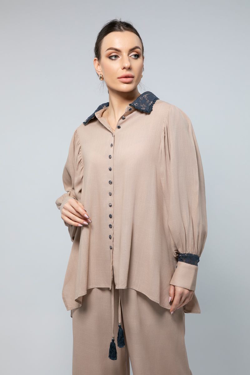 Long Sleeves Flowing Shirt - Subtle Dantel Detailing for a Refined Touch