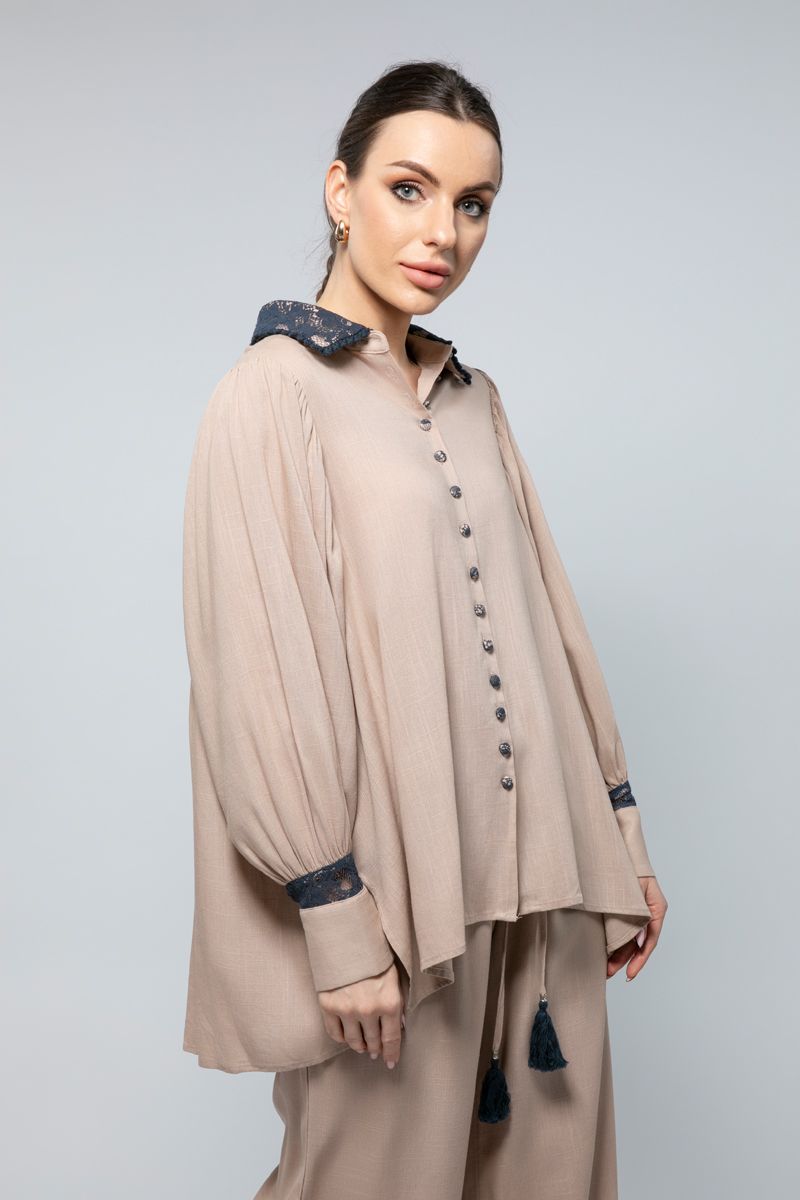 Long Sleeves Flowing Shirt - Subtle Dantel Detailing for a Refined Touch