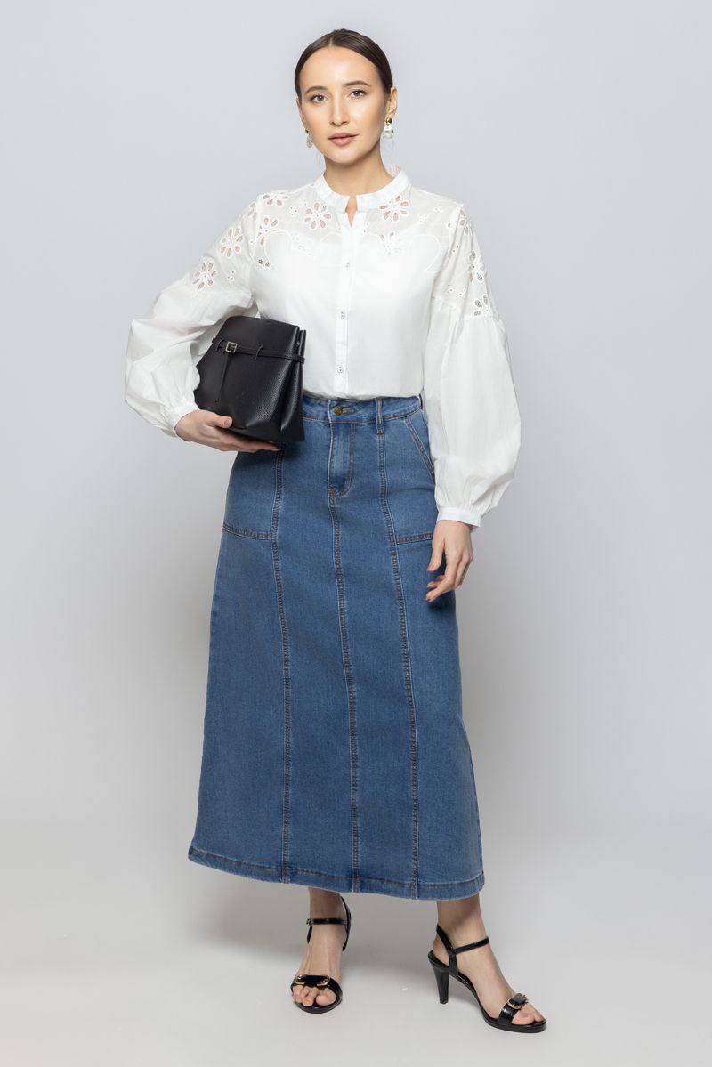 Women Solid Color Maxi Denim Skirt