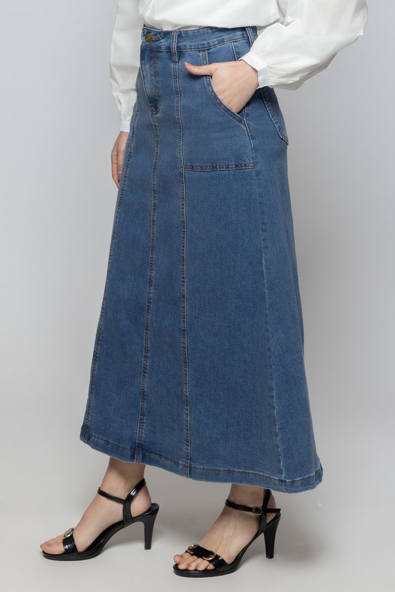 Women Solid Color Maxi Denim Skirt