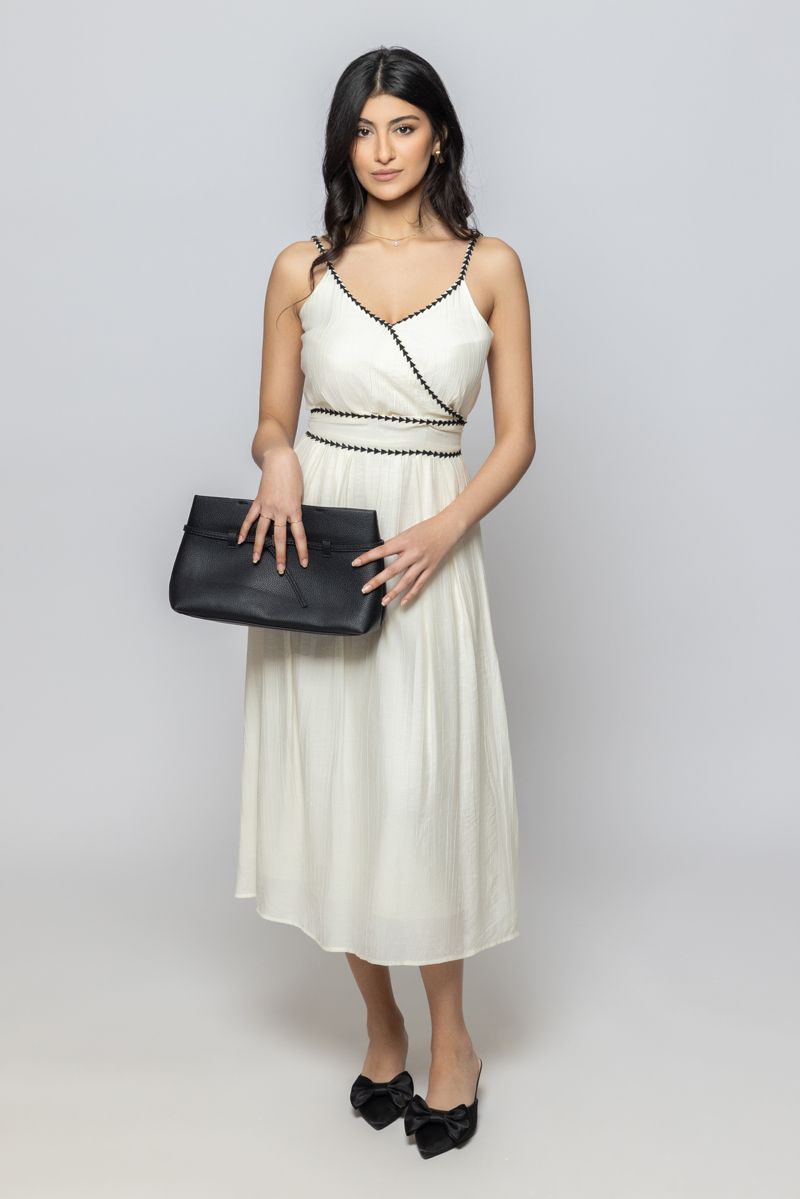 Women Sleeveless Midi Dress with Embroidery Details and Tie Waist Belt