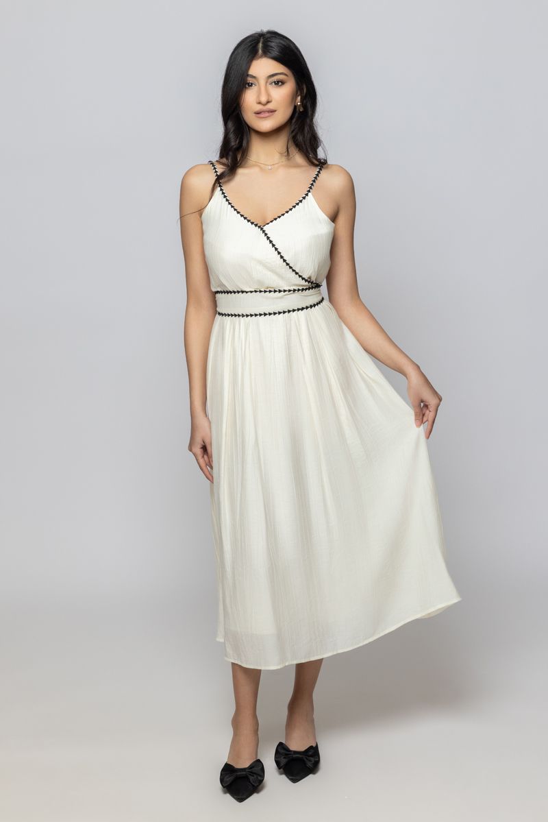 Women Sleeveless Midi Dress with Embroidery Details and Tie Waist Belt
