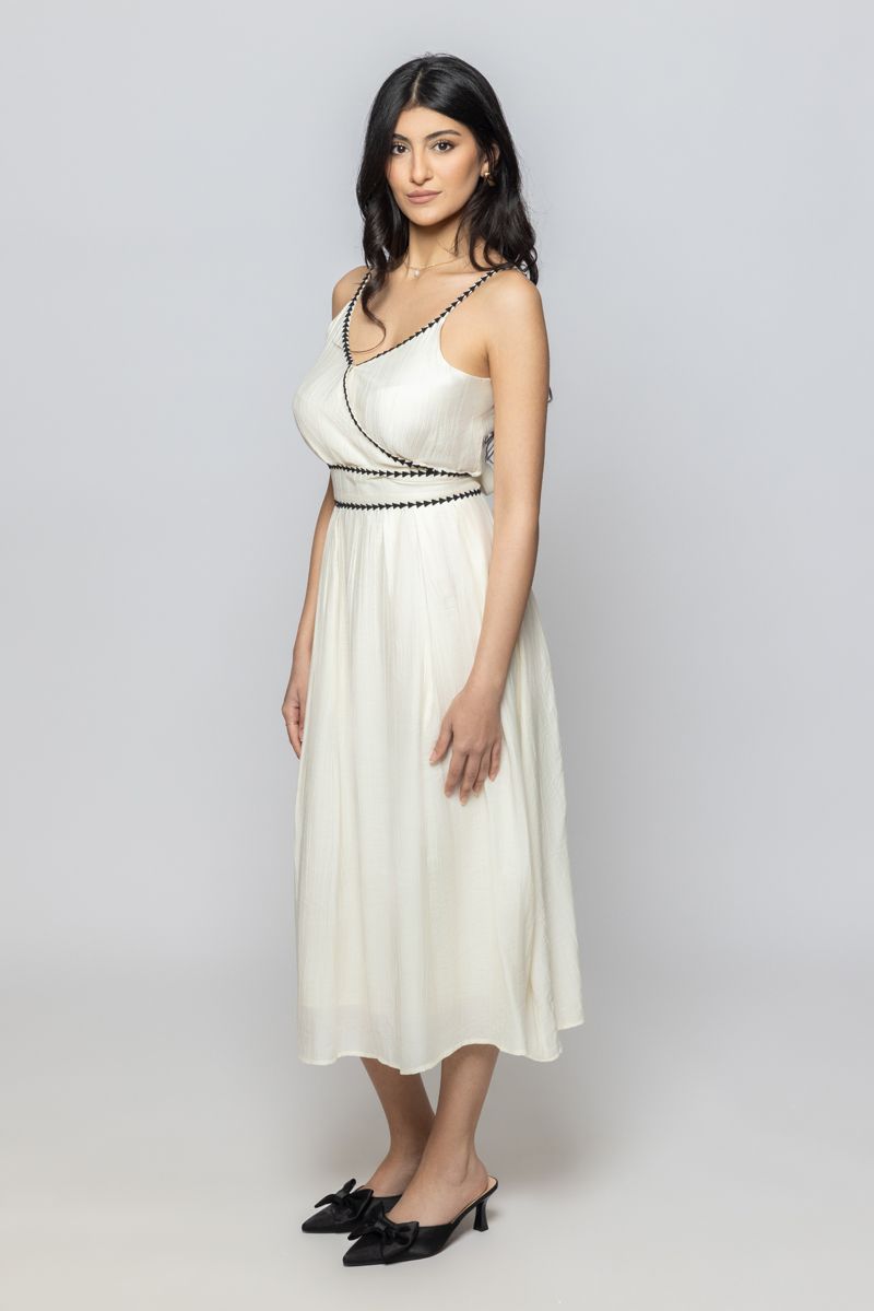 Women Sleeveless Midi Dress with Embroidery Details and Tie Waist Belt