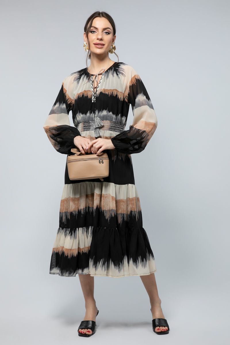 فستان ميدي بأكمام طويلة - طبعة تجريدية لمسة عصرية