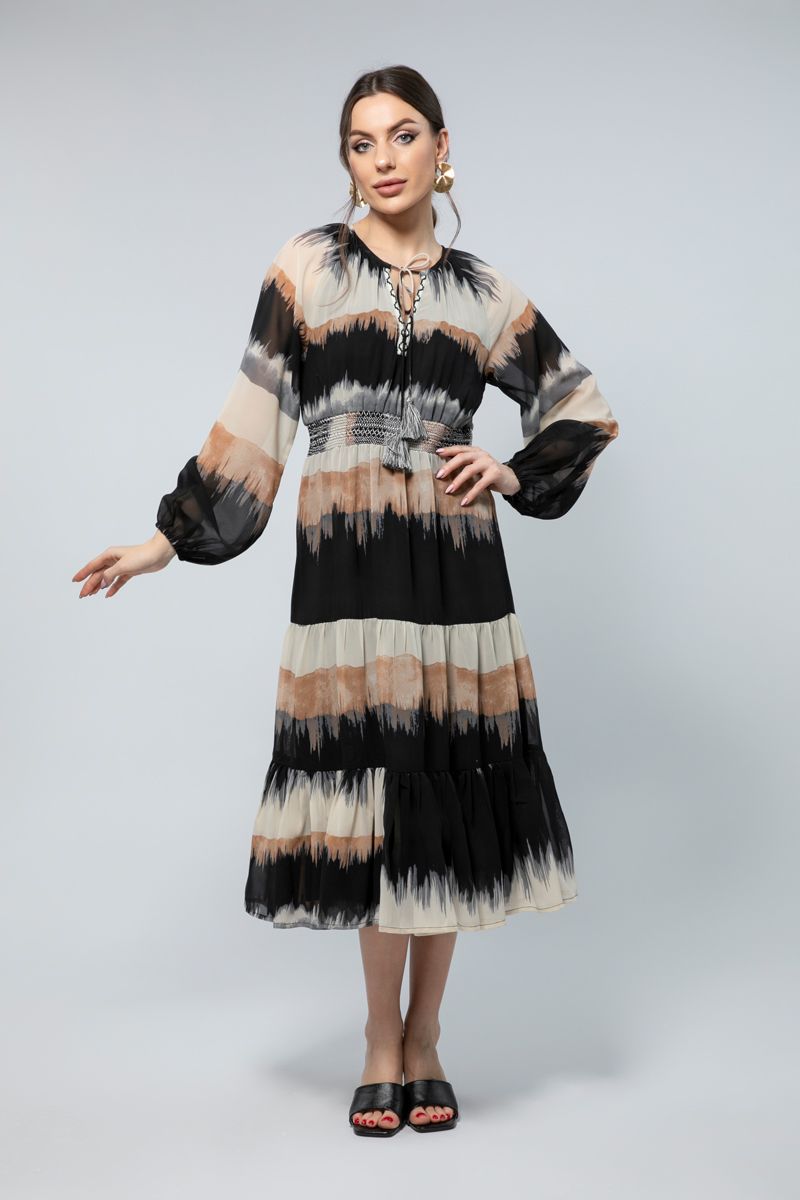 فستان ميدي بأكمام طويلة - طبعة تجريدية لمسة عصرية