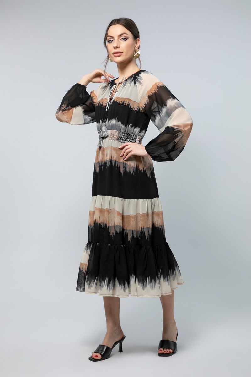 فستان ميدي بأكمام طويلة - طبعة تجريدية لمسة عصرية