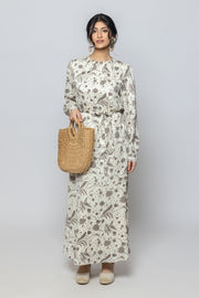 فستان ماكسي نسائي بنقشة كاملة مع حزام ربط على الخصر