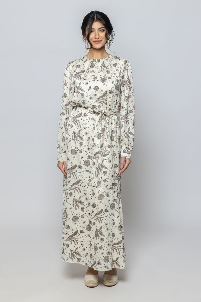 فستان ماكسي نسائي بنقشة كاملة مع حزام ربط على الخصر