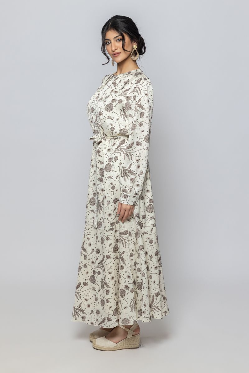 فستان ماكسي نسائي بنقشة كاملة مع حزام ربط على الخصر