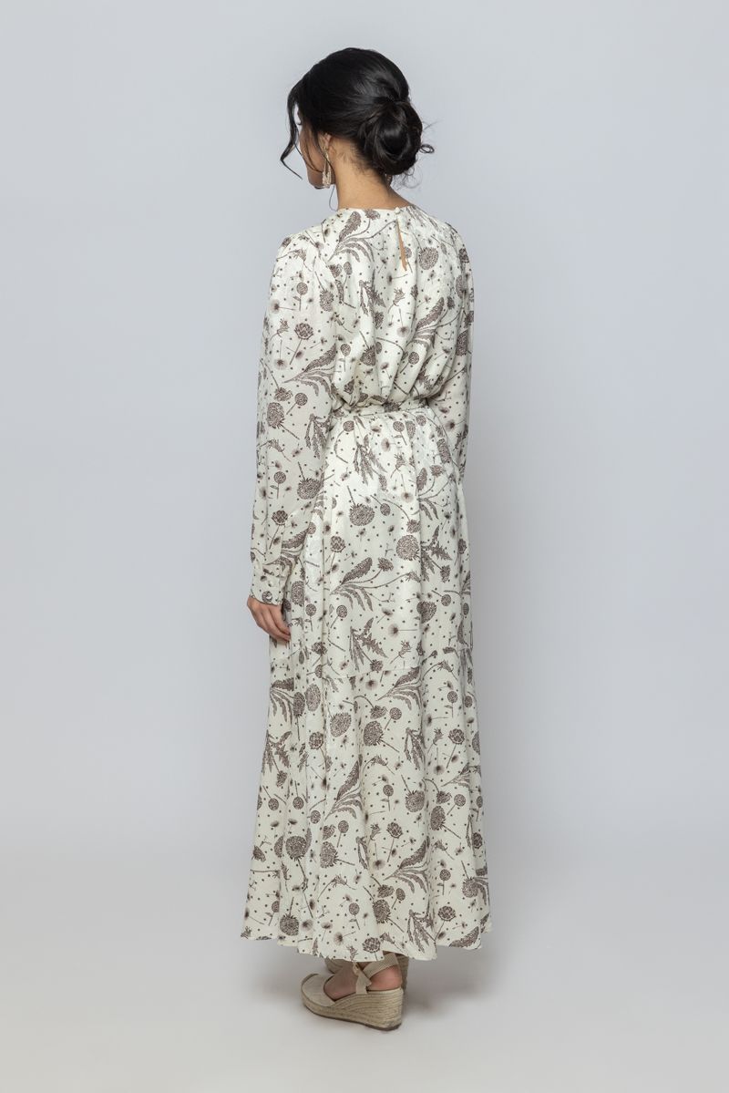 فستان ماكسي نسائي بنقشة كاملة مع حزام ربط على الخصر