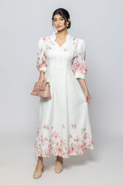Women Three Quarter Sleeves Maxi Dress with Floral Print