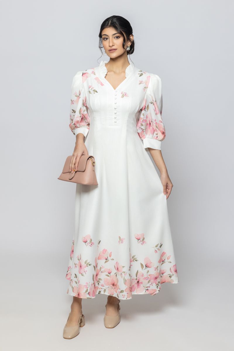 Women Three Quarter Sleeves Maxi Dress with Floral Print