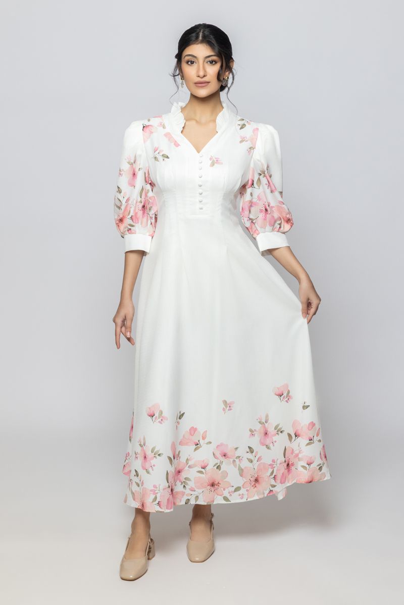 Women Three Quarter Sleeves Maxi Dress with Floral Print