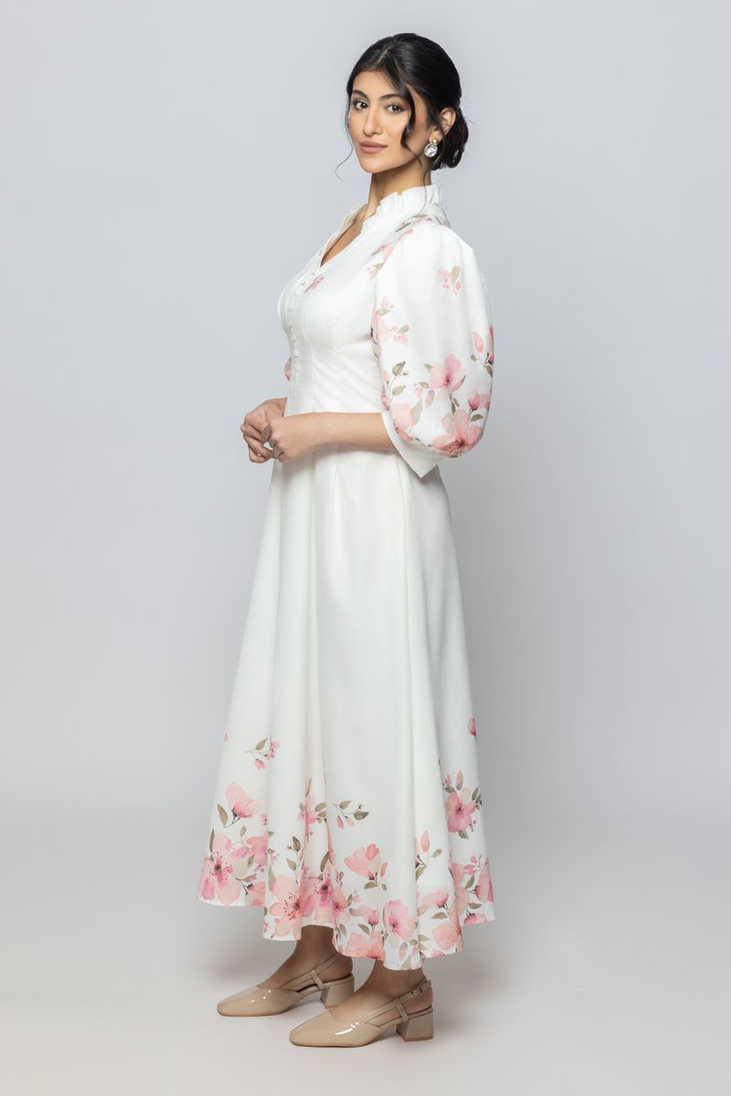 Women Three Quarter Sleeves Maxi Dress with Floral Print