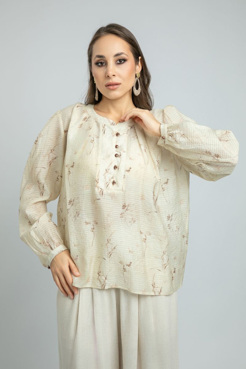Printed Long-Sleeve women Blouse with Front Buttons