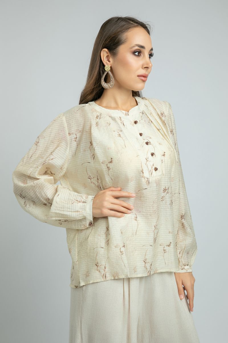 Printed Long-Sleeve women Blouse with Front Buttons