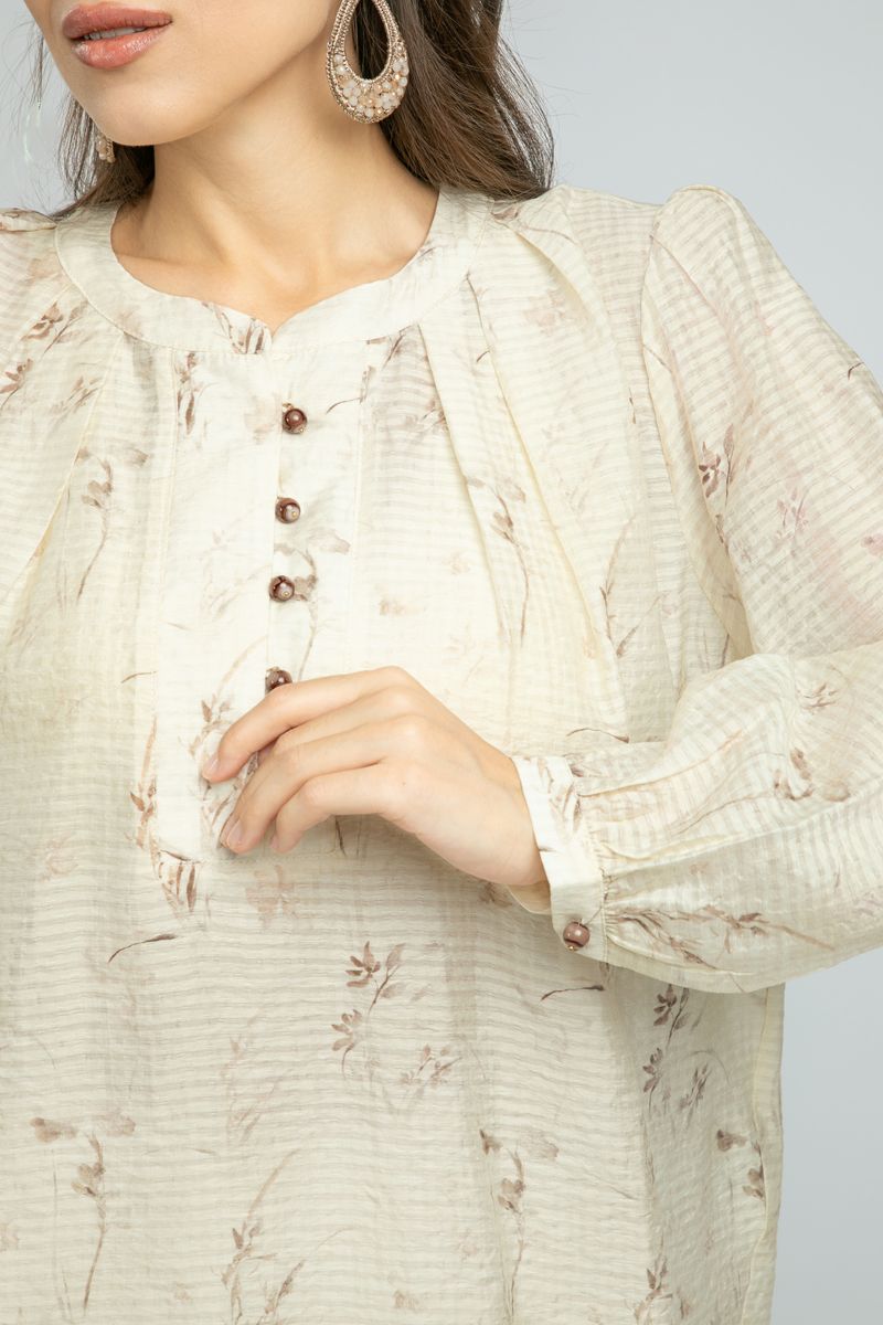 Printed Long-Sleeve women Blouse with Front Buttons