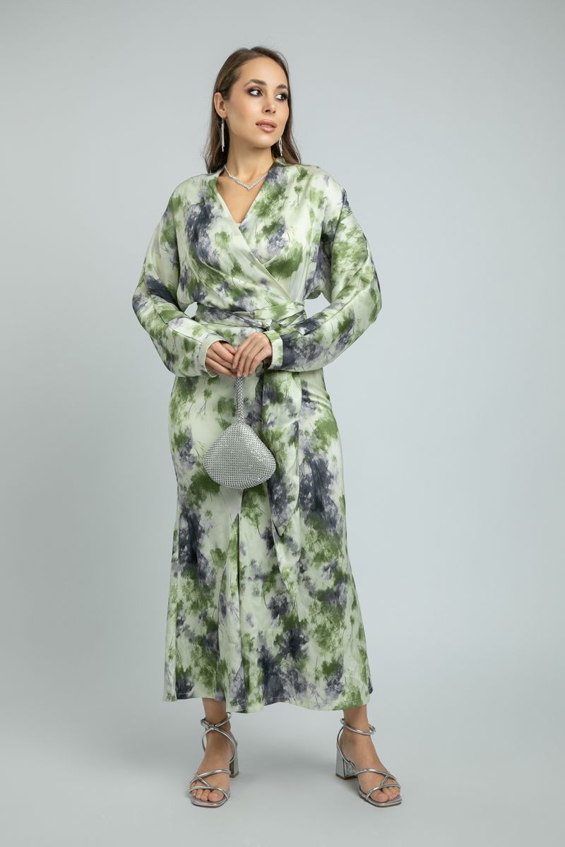 women Printed Longline Wrap Dress with Tie Waist Belt