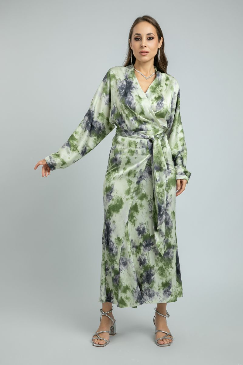 women Printed Longline Wrap Dress with Tie Waist Belt