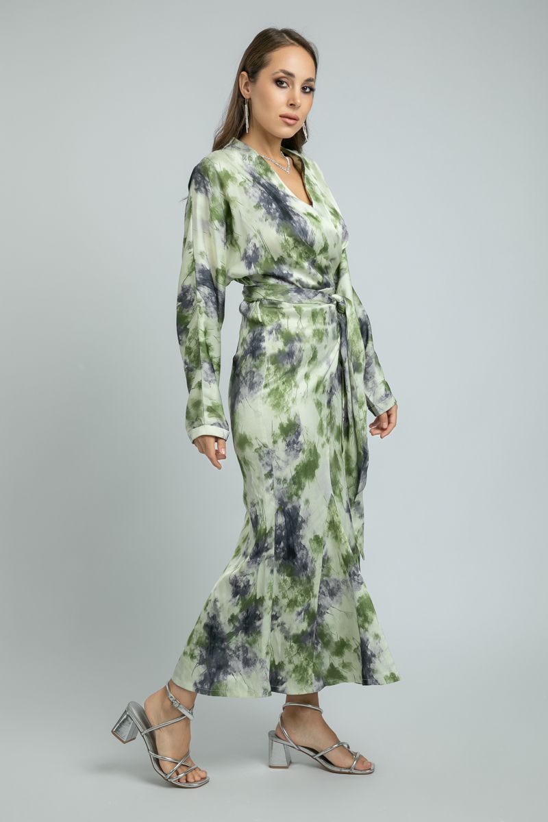 women Printed Longline Wrap Dress with Tie Waist Belt