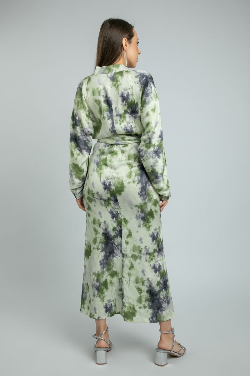 women Printed Longline Wrap Dress with Tie Waist Belt