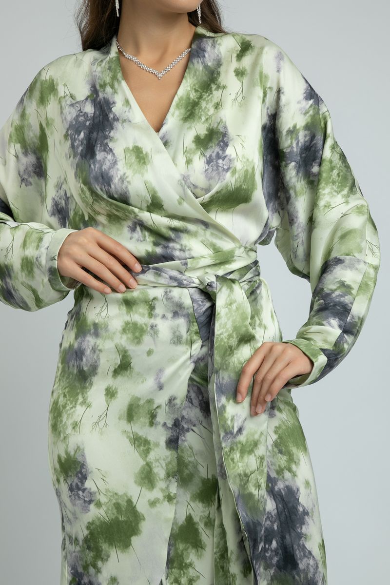 women Printed Longline Wrap Dress with Tie Waist Belt