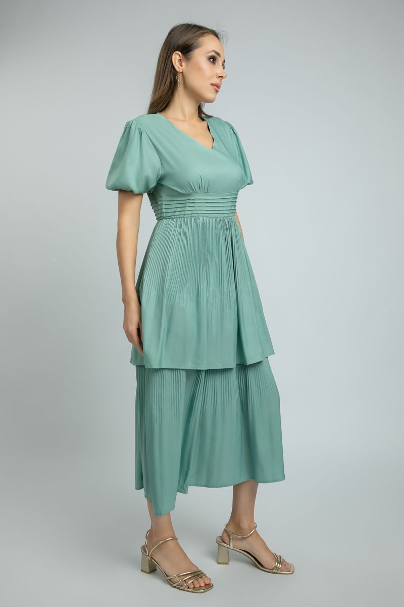 women Longline Layered Dress with Plisse Texture