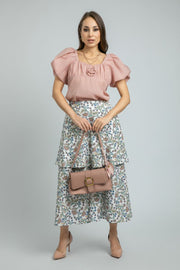 women Longline Floral Summer Skirt with Layered Details
