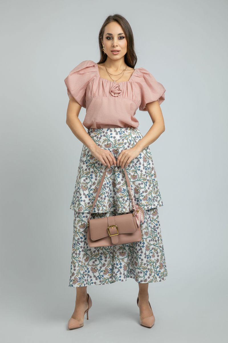women Longline Floral Summer Skirt with Layered Details