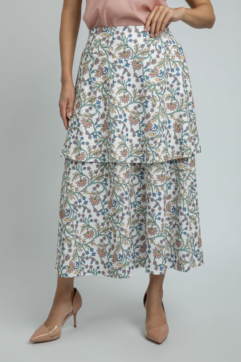 women Longline Floral Summer Skirt with Layered Details
