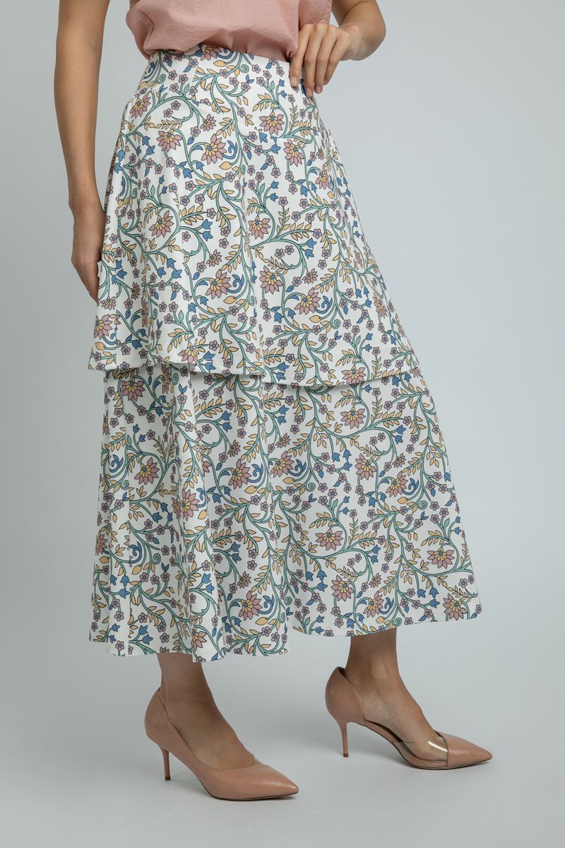 women Longline Floral Summer Skirt with Layered Details