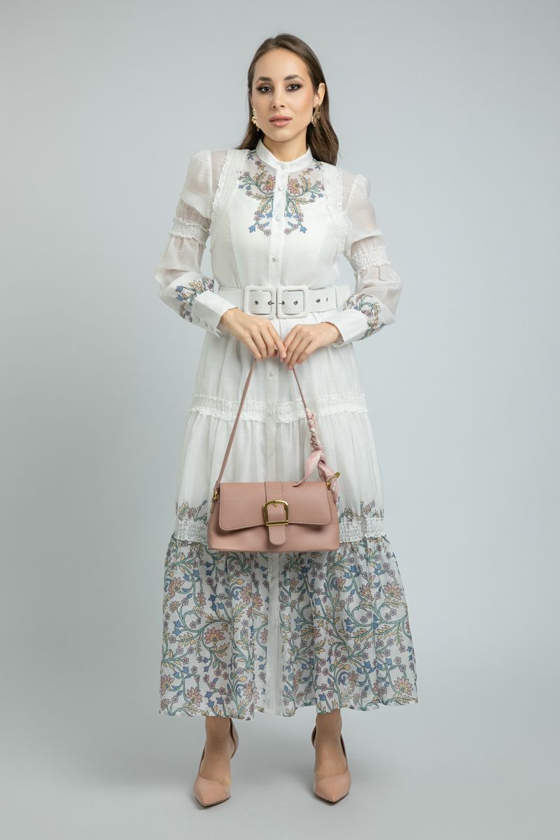 women Maxi Shirt Dress with Floral Print and buckle Belt