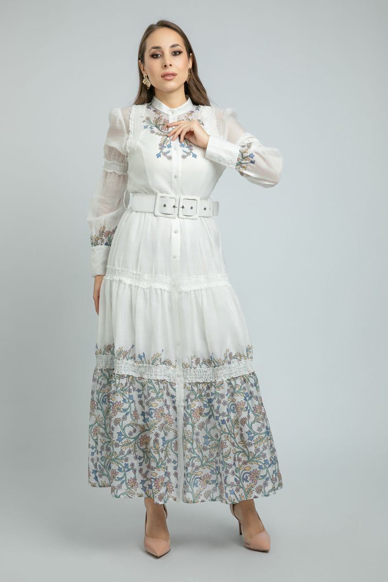 women Maxi Shirt Dress with Floral Print and buckle Belt