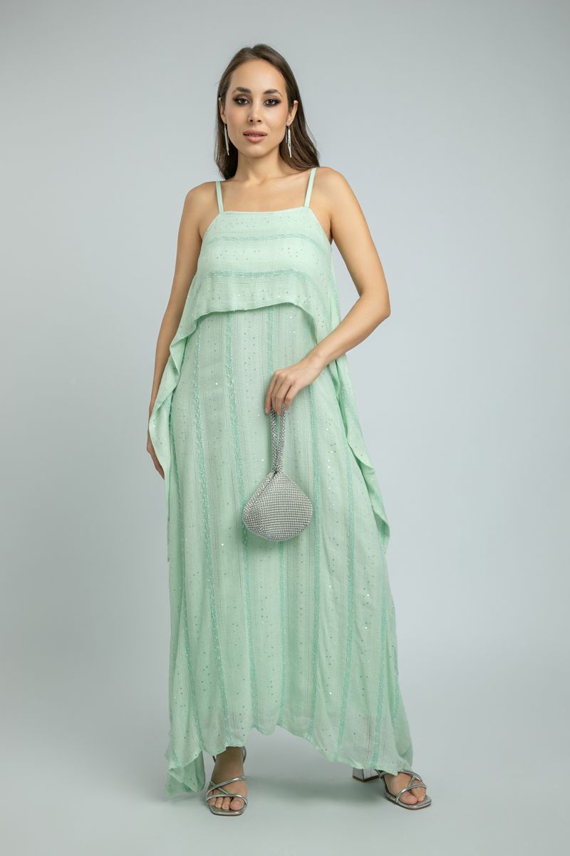 women Sleeveless Evening Dress with Sequin-Textured Fabric