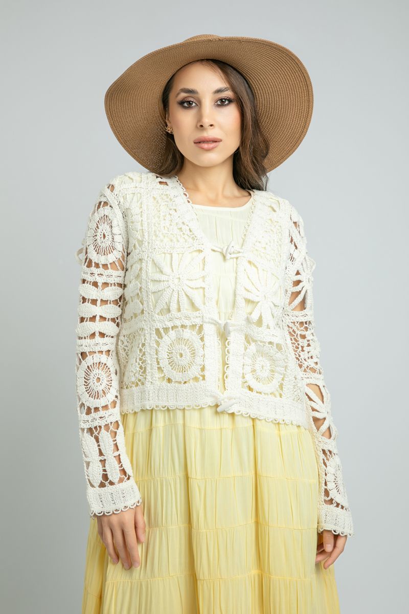 Summer women Long-Sleeve Crochet Top with Claw Buttons