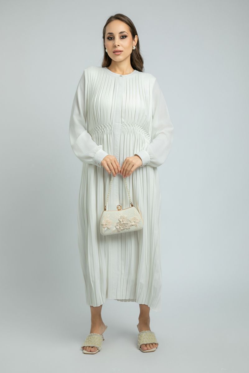 Womens Longline Full-Pleated Dress with Long Sleeves