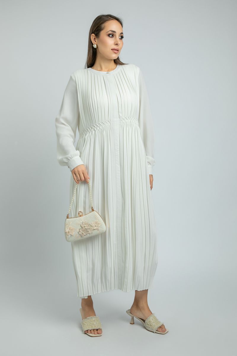 Womens Longline Full-Pleated Dress with Long Sleeves