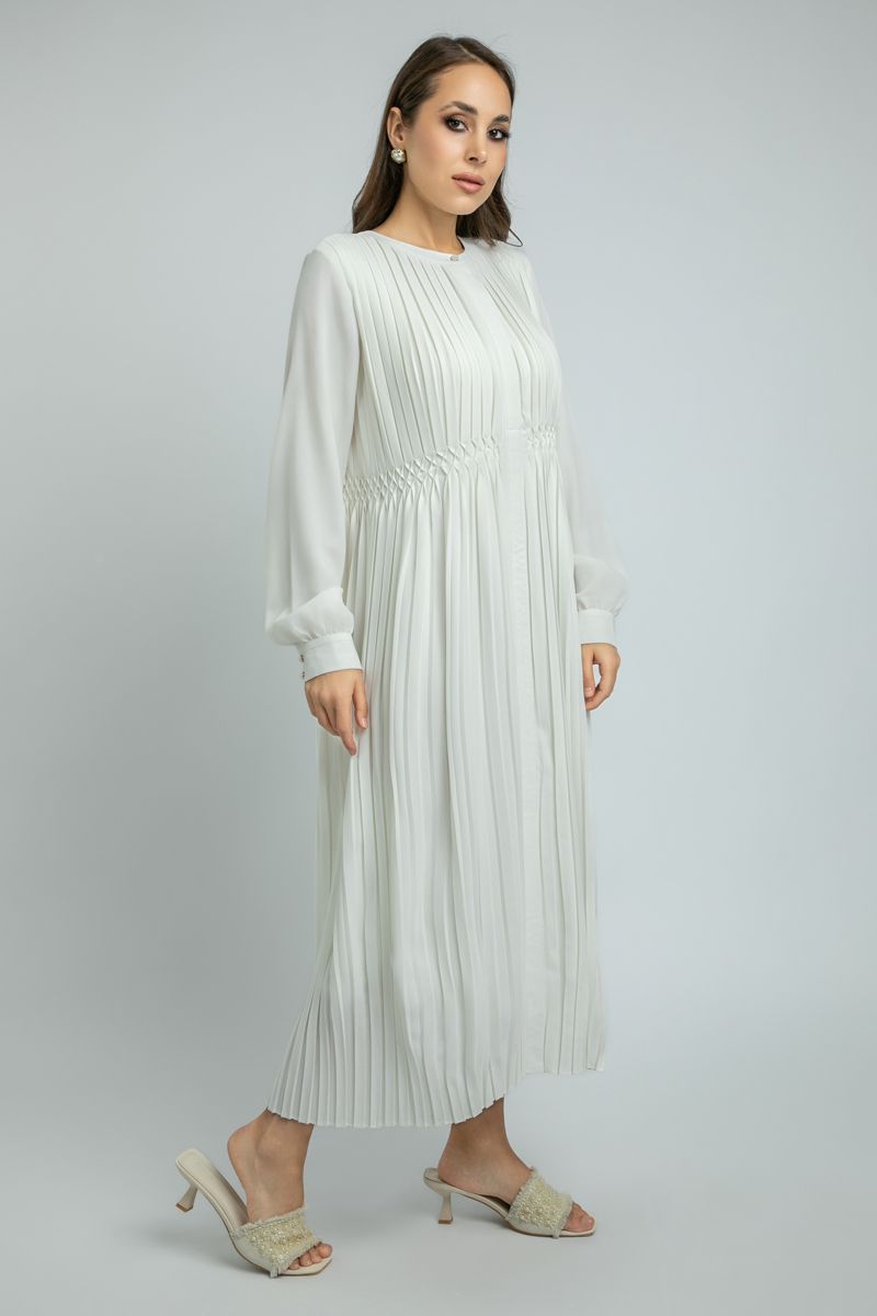 Womens Longline Full-Pleated Dress with Long Sleeves