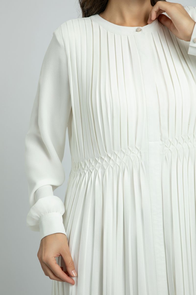 Womens Longline Full-Pleated Dress with Long Sleeves