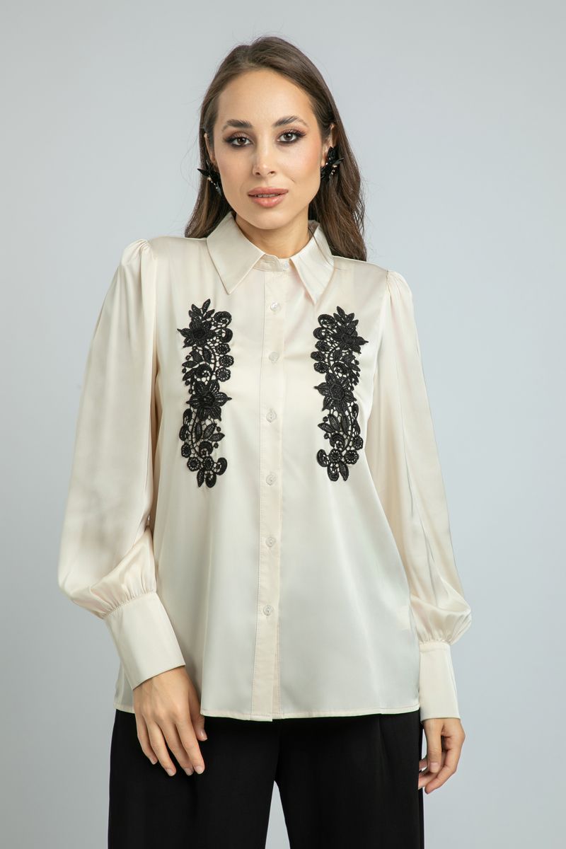 Long-Sleeve Womens Satin Shirt with Embroidery Details