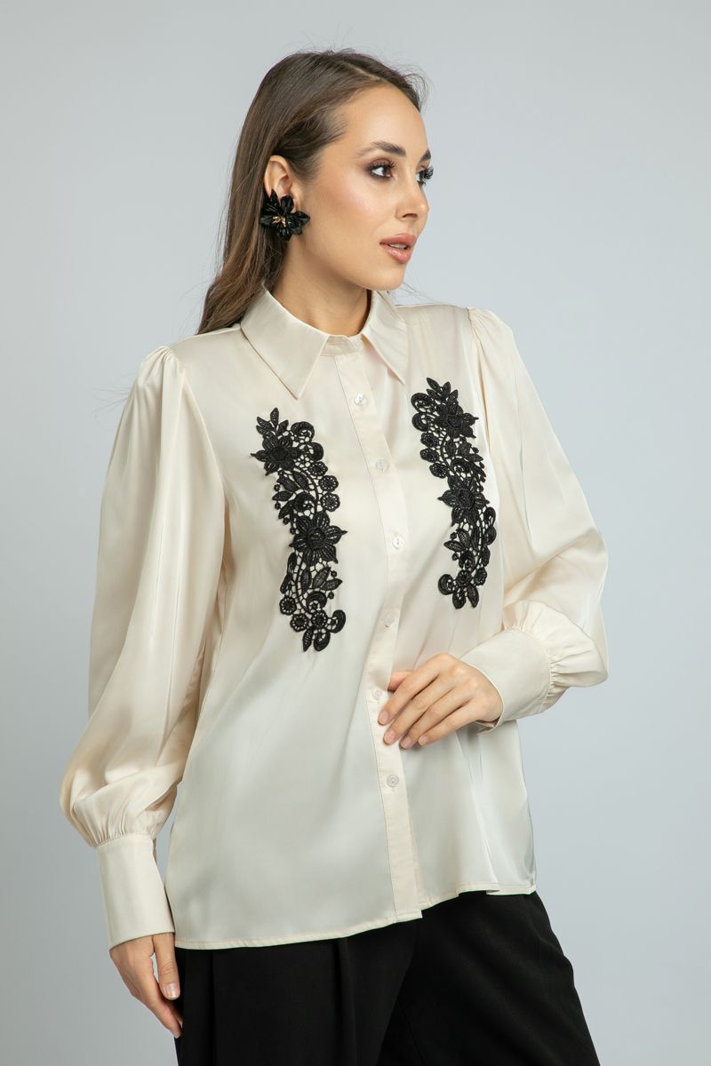 Long-Sleeve Womens Satin Shirt with Embroidery Details