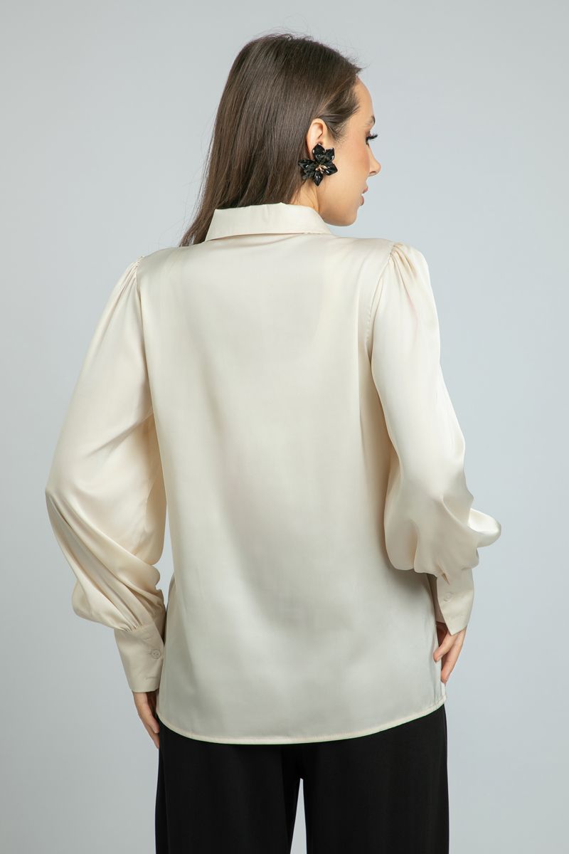 قميص نسائي طويل الأكمام من الساتان مع تفاصيل تطريز أمامية