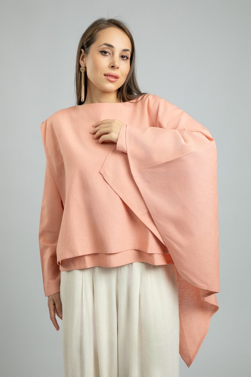 Womens Long-Sleeve Top with Asymmetrical Cape Layer